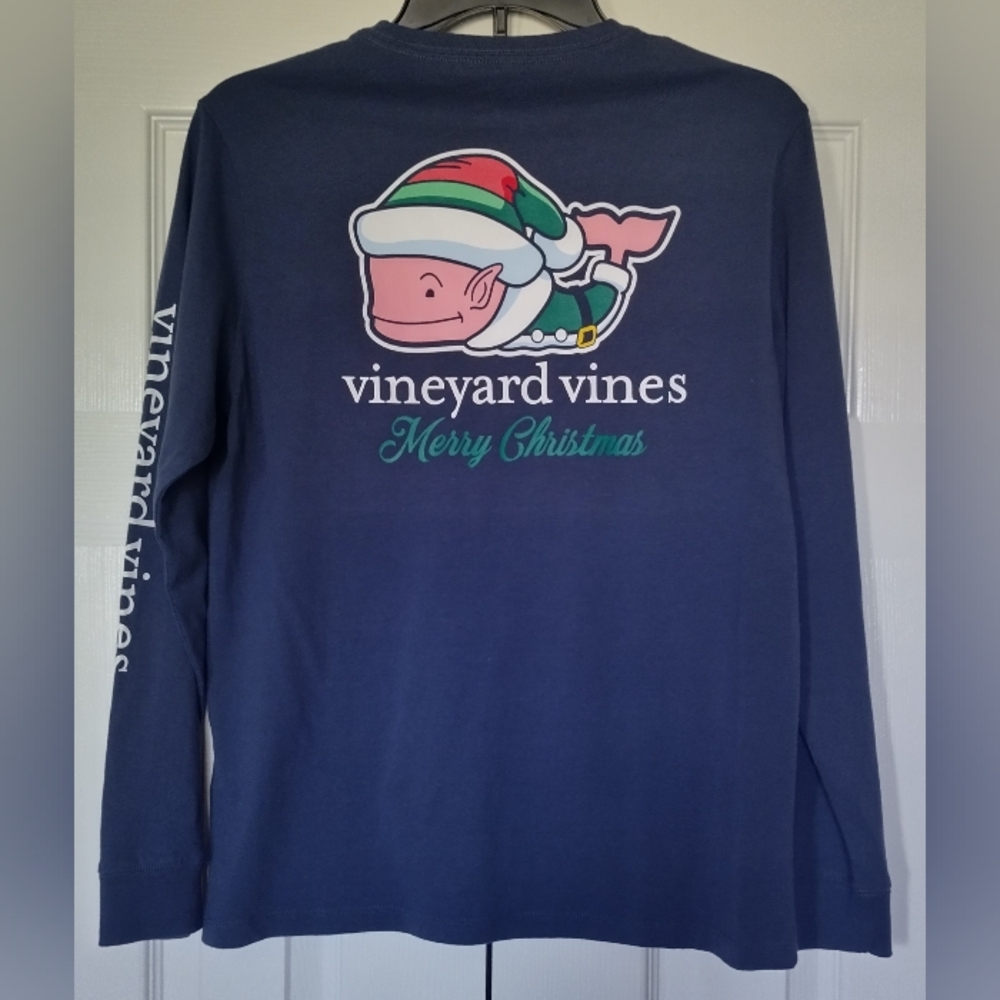 Vineyard Vines Long Sleeve Navy Blue T-Shirt Youth L Merry Christmas Santa Whale